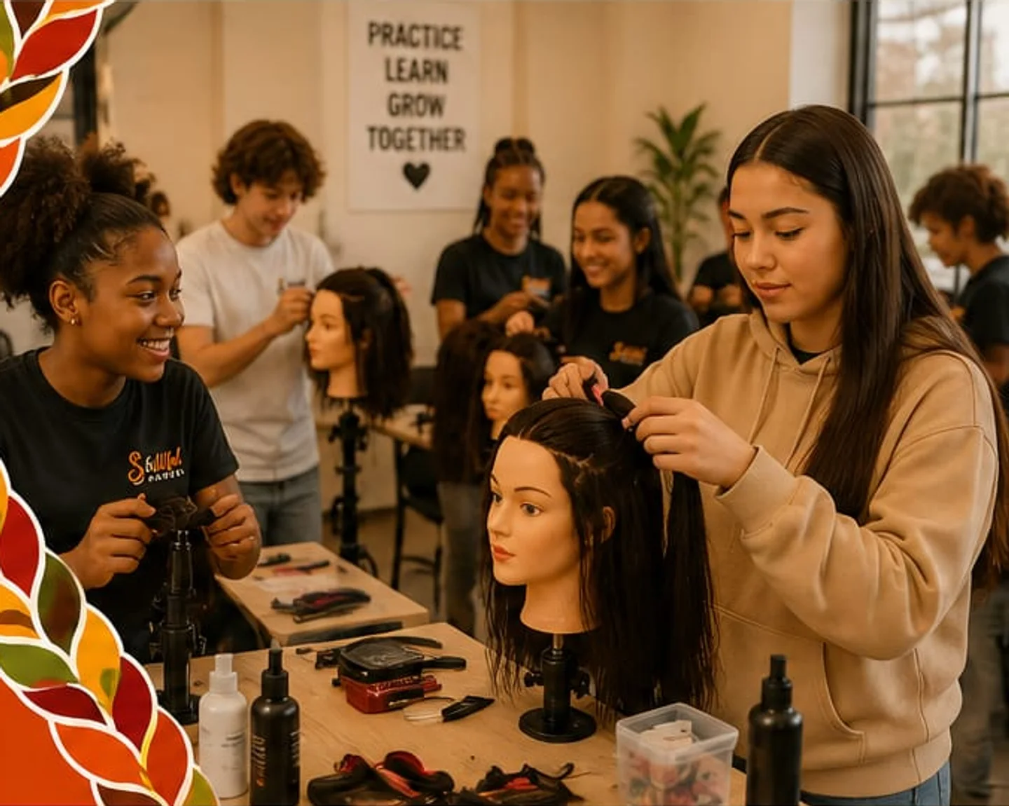 Illustrative practical hair-learning workshop scene